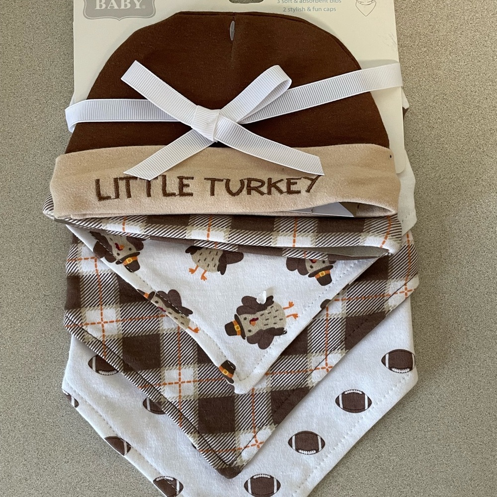 Hudson Baby Thanksgiving Theme Bibs and Hats Set 0-6 Months